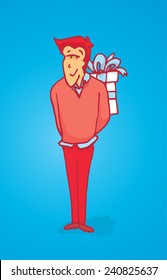 Cartoon illustration of mischievous man hiding a gift 