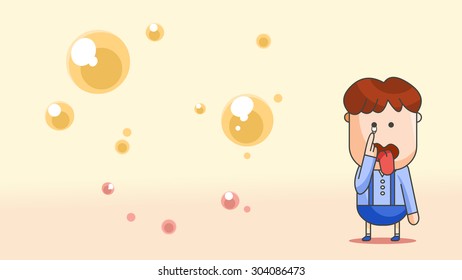 Cartoon illustration of a mischievous naughty little boy kid making funny silly face, pulling down eyelid, sticking out tongue. Grimace facial expression, gesture, sign, symbol. Bubbles background.