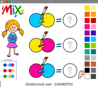Cartoon Illustration of Mixing Colors Educational Game for Children