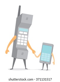 Cartoon illustration of mobile phone father and smart phone son holding hands