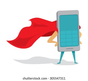 Cartoon illustration of mobile phone or super cellphone hero with cape