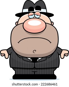 A cartoon illustration of a mobster with a sad expression.