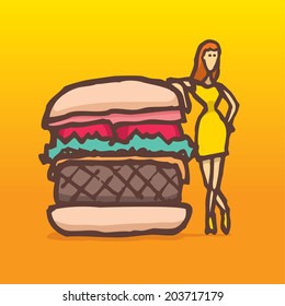 Cartoon illustration of a model posing next to a huge hamburger
