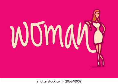 Cartoon illustration of a model posing next to a woman word