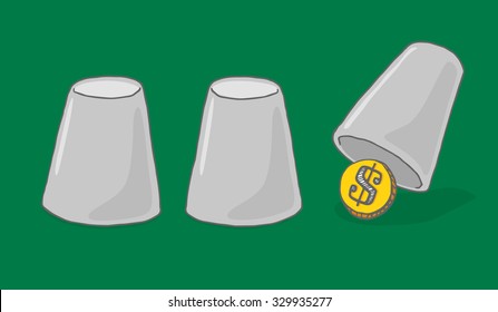 Cartoon illustration of money hiding under a cup or business opportunity