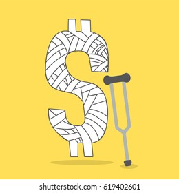 Cartoon illustration of a money mascot character looking sick with Thousands wound that money and Axillary Crutch vector illustration