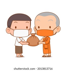 Cartoon illustration of monk giving survival bag to people, they both are wearing mask.