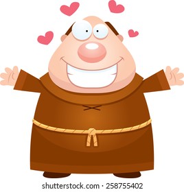 A cartoon illustration of a monk ready to give a hug.