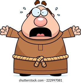 A cartoon illustration of a monk scared and panicking.