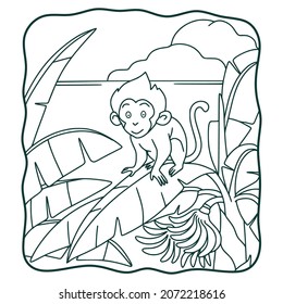 cartoon illustration monkey climbing banana tree coloring book or page for kids black and white