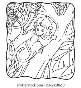 Cartoon Illustration Monkey Climbing Tree Coloring Book Or Page For Kids Black And White