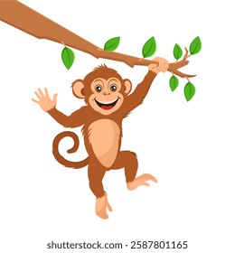 cartoon illustration of monkey hanging from a tree branch