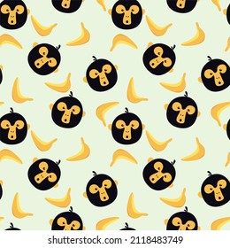 Cartoon illustration of monkey head and banana. seamless pattern. can be used for wrapping paper, wallpaper, background, cover, pattern fill, fabric, textile, nursery interior