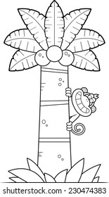 A cartoon illustration of a monkey in a palm tree.
