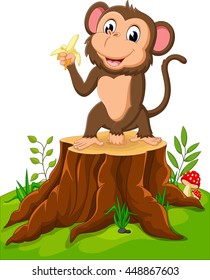 Cartoon illustration monkey playing on tree stump