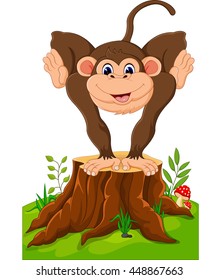 Cartoon illustration monkey playing on tree stump