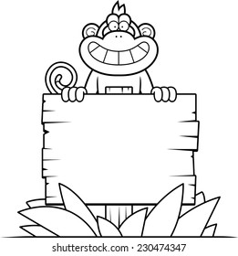 A cartoon illustration of a monkey with a wooden sign.