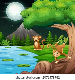 Cartoon  illustration of monkeys playing at night landscape