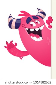 Cartoon illustration of a monster peeping out of blank  sign, banner or placard. Halloween illustration isolated 
