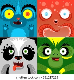 Cartoon illustration of monsters animals faces.