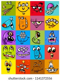 Cartoon Illustration of Monsters Fantasy Characters Faces Set or Packing Paper Design