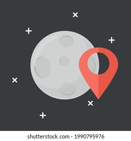 Cartoon illustration of the moon with geolocation icon. Simple flat image of the geotag on the moon, navigating the satellite navigator. Vector.