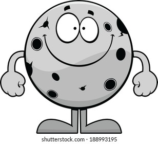 Cartoon illustration of a moon with a wide smile. 