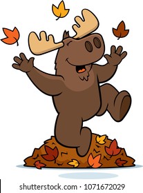 A cartoon illustration of a moose jumping in autumn leaves.