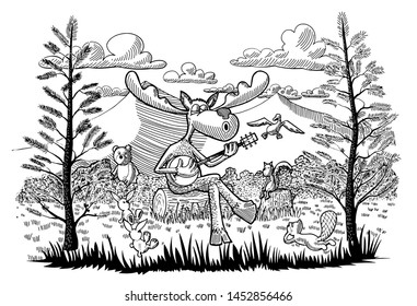 Cartoon illustration of a moose playing banjo for some forest animals.