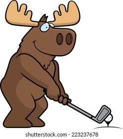 A cartoon illustration of a moose playing golf.