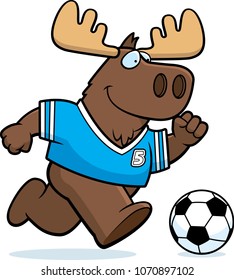 A cartoon illustration of a moose playing soccer.