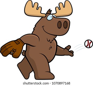 A cartoon illustration of a moose tossing a baseball.