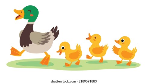 Cartoon Illustration Of Mother And Baby Ducks