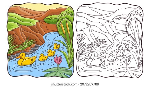 cartoon illustration mother duck with her chicks swimming in the river book or page for kids