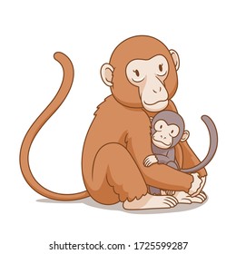 Cartoon illustration of mother monkey hug the baby monkey.