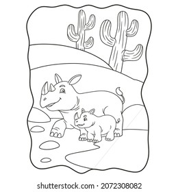 cartoon illustration mother rhino with her cubs walking in the forest book or page for kids black and white