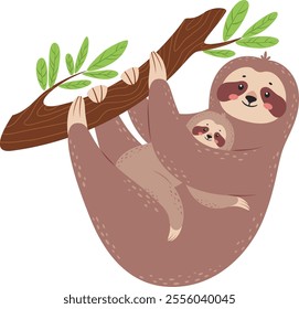 Cartoon illustration of mother sloth hanging upside down on a tree branch with her baby sloth clinging to her, showcasing the loving bond between parent and child in the wild