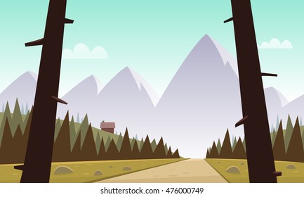 
Cartoon illustration of mountain landscape with country road.