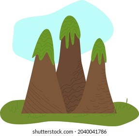 Cartoon illustration of mountains with clouds. Vector illustration, icon with ornaments