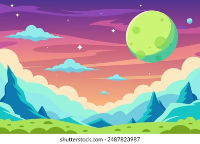 A cartoon illustration of mountains with a green moon in the sky