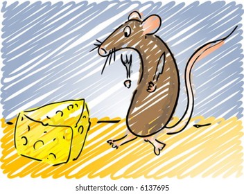 Cartoon illustration of a mouse about to eat some cheese