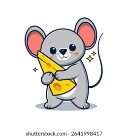Cartoon illustration of a mouse holding a large wedge of cheese. The mouse has large, expressive eyes and a cheerful expression. Its body and limbs are in a simple design, with defined outlines 
