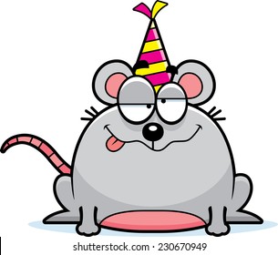 A cartoon illustration of a mouse with a party hat looking drunk.