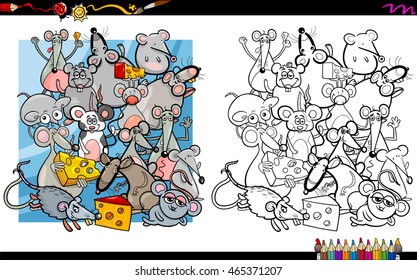 Cartoon Illustration of Mouse and Rat Characters Coloring Book Activity