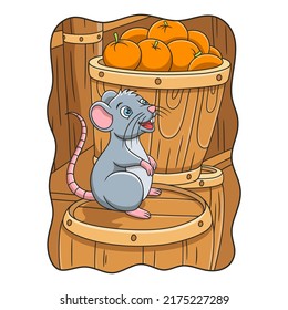 cartoon illustration a mouse standing on a pile of barrels filled with fruit in the warehouse