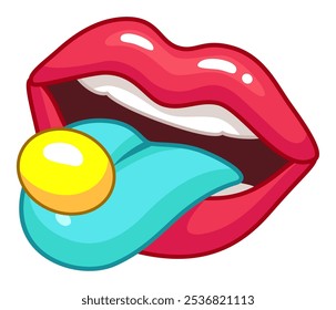 Ilustración de dibujos animados de una boca lamiendo un caramelo redondo con labios rojos, dientes blancos y una lengua azul