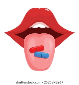 Cartoon illustration of a mouth taking medicine in the form of pills