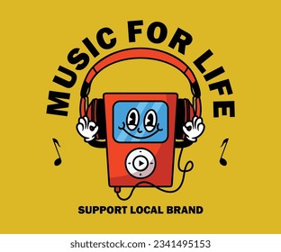  cartoon illustration of mp3 t shirt design, vector graphic, typographic poster or tshirts street wear and Urban style
