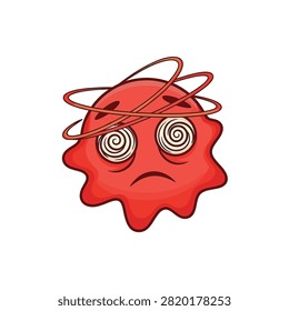 Cartoon illustration of a muddled red emoticon with spiral eyes, spinning orbital rings around its head, and a melting blob shape isolated on a white background.