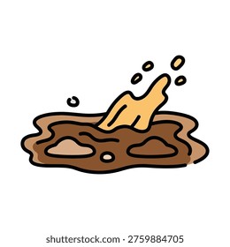 Cartoon illustration of a muddy puddle with a dynamic splash, rendered in a simple graphic style with brown and yellow tones.